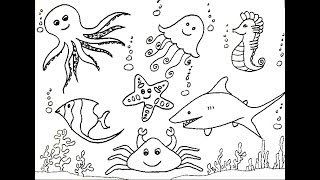 How To Draw Sea Creatures Animals  Sea Horse Shark Jelly Fish Octopus Etc [upl. by Bronwen]