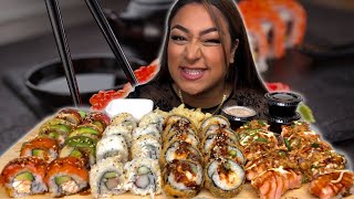 40 PIECE SUSHI MUKBANG  RAINBOW ROLL  CALIFORNIA ROLL  CRUNCHY ROLL  SALMON ABURI NIGIRI [upl. by Irem62]