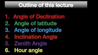 Solar Angles  Declination Latitude Longitude Inclination or Altitude Zenith hour angle [upl. by Kym]