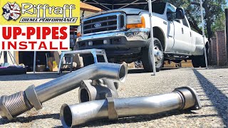 2001 F350 73  RiffRaff UpPipes Install  Stock up pipes leaking and falling apart JUNK SP [upl. by Jennilee]